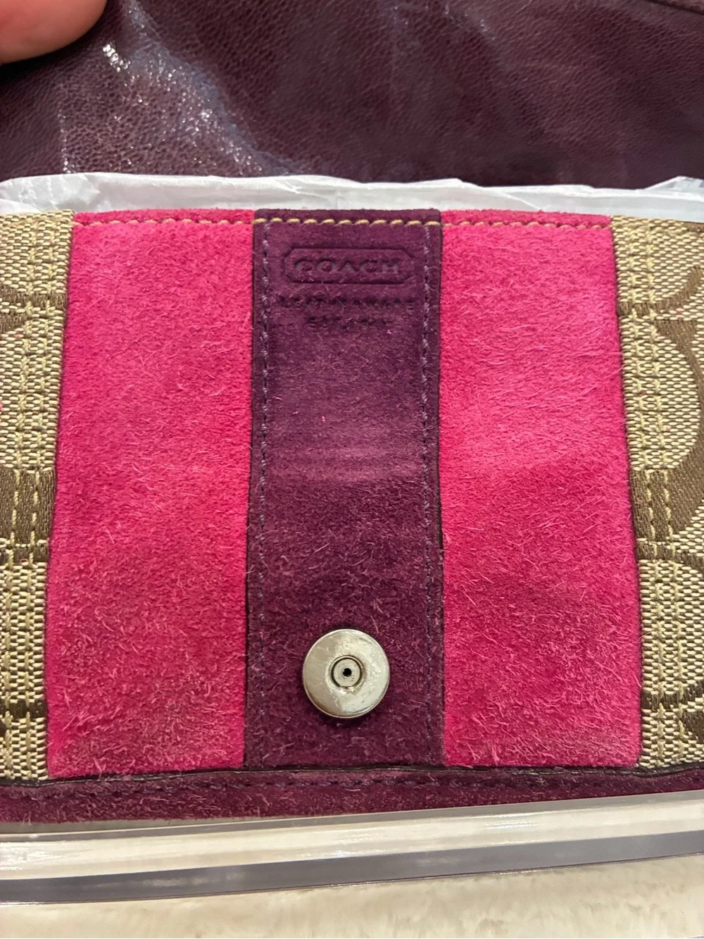Coach 2004 Signature Flap Wallet Suede Jacquard Buckle Pink Burgundy Y2K Vintage
